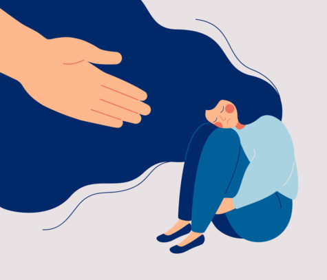 Human hand helps a sad lonely woman to get rid of depression. A young unhappy girl sits and hugs her knees. The concept of support and care for people under stress. Vector illustration in flat style