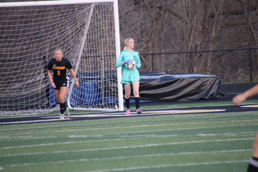 Freshman Riley Sweetland scans the field for an open teammate. Sweetland recorded two saves during PKs to help the Bulldogs secure the win against Assumption. 